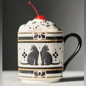NWT Anthro The Bistro Tile Stoneware Mug Black Cat